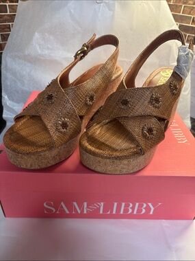 Sam & Libby Bronze Woven Cork Platform Slingback Wedges